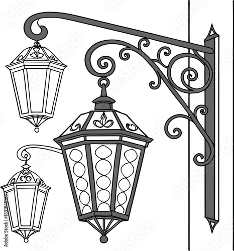 Ornate Wall-Mounted Street Lamps Illustration