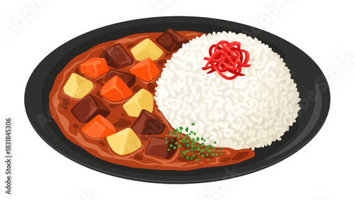 A vibrant vector illustration depicts a hearty Japanese curry with chunky potatoes, carrots, and meat pooled beside fluffy white rice crowned with bright red pickled ginger