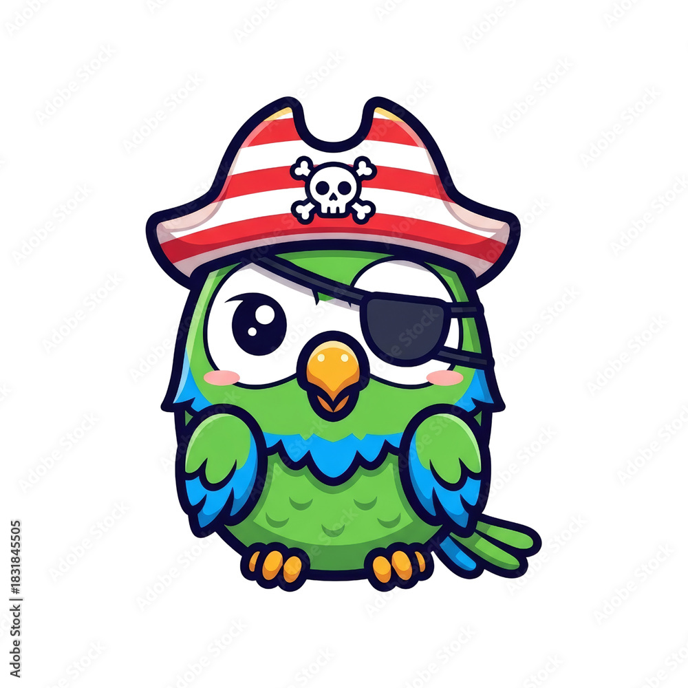 Naklejka premium Colorful Parrot Character in Pirate Hat with Eye Patch