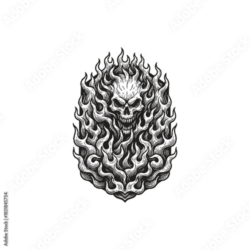 Vintage engraved skull surrounded by flames, isolated black and white woodcut style illustration