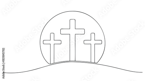 Minimalist outline drawing of three crosses standing on a hill against a large circle representing the sun or moon symbolizing faith and spirituality