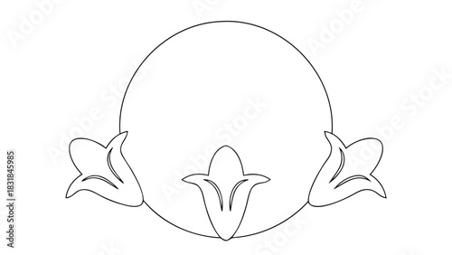 Elegant black and white outline design of a circular frame adorned with stylized floral elements at the bottom perfect for invitations or decorative borders