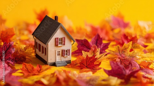 Cozy miniature house surrounded by vibrant autumn leaves in warm colors, symbolizing home, comfort, and the beauty of seasonal change