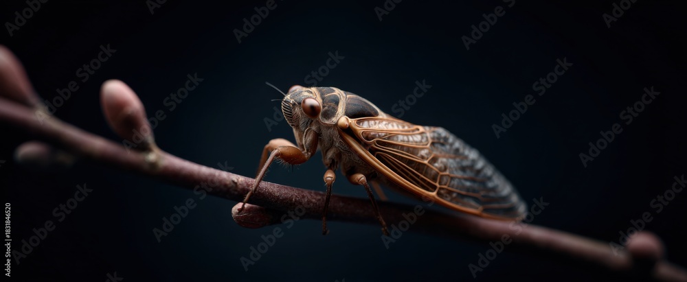 Naklejka premium The cicada clings like a tiny knight on a thin brown twig close-up.