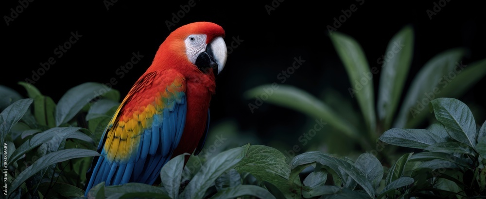 Fototapeta premium The colorful macaw sits amid dense vibrant greenery.