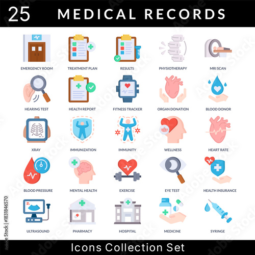 Medical Records icon set collection in style. an icon pack contain physiotherapy, immunization, immunity, wellness, heart rate, blood pressure, mental health, exercise, eye test
