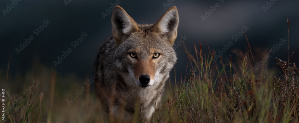 Naklejka premium The coyote quietly stalks its prey across natural terrain.