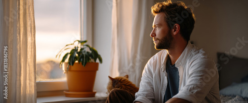 Thoughtful young man sitting indoors near window with potted plant and cat during warm natural light sunset