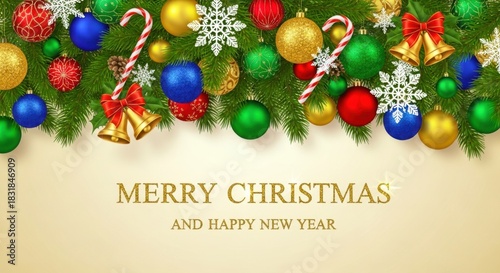 Merry christmas and happy new year greeting card template with festive fir branch border, ornaments, candy cane, and golden bell isolated on transparent background