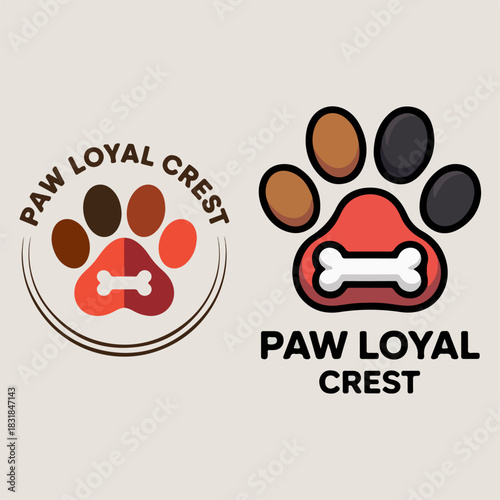Paw Loyal Crest dog logo, colorful paw print with bone emblem, friendly pet badge for veterinary clinic, dog care, shelter, grooming or shop branding