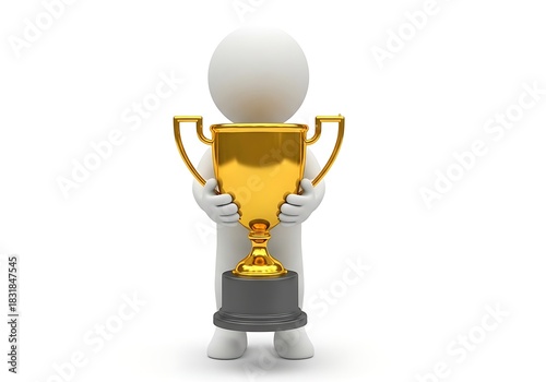 White 3d figure holding a golden trophy cup, isolated on a white background.