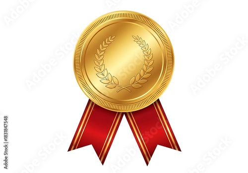 Gold medal with red ribbon, symbolizing achievement and victory award, isolated on white.