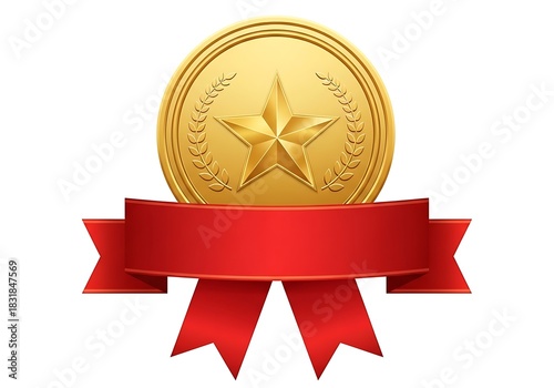 Golden star medal with red ribbon banner isolated on white background