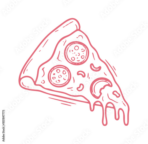 A slice of pepperoni pizza with melting cheese is shown in a simple, pink hand drawn style vector illustration.