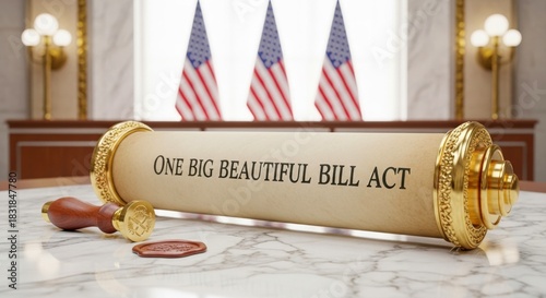 A rolled up bill with the text one big beautiful bill act sits on a desk with an official seal and stamp, with american flags in the background