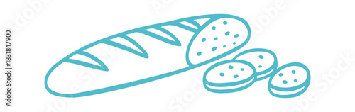 A hand drawn vector shows Mediterranean bread, partially sliced, in simple line art. The doodle is in blue on a white background.