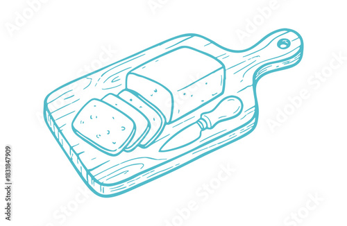 A loaf of sliced bread sits on a wooden cutting board, a knife lying next to it. The illustration is a simple line drawing.
