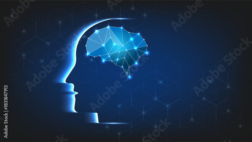 Glowing human head outline with a connected digital brain network on a dark blue tech background