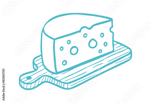 Hand drawn line art shows a block of cheese with holes on a wooden serving board. Vector drawing style, icon.