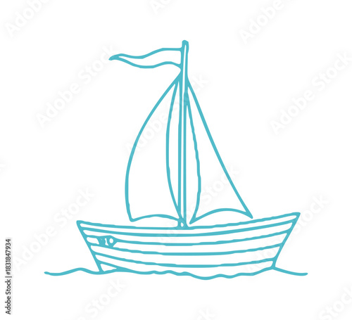 A hand drawn sailboat floats on the water. The vector illustration features a simple, single line design.