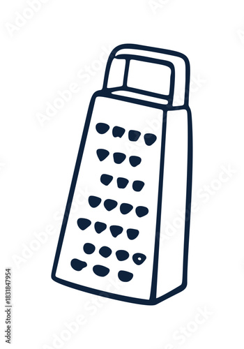Simple line drawing showcases a classic metal grater, perfect for mediterranean cooking and kitchen doodles.