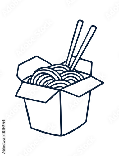 Takeout box holds noodles, with chopsticks. A hand drawn vector icon depicts the food. It is a simple line drawing.