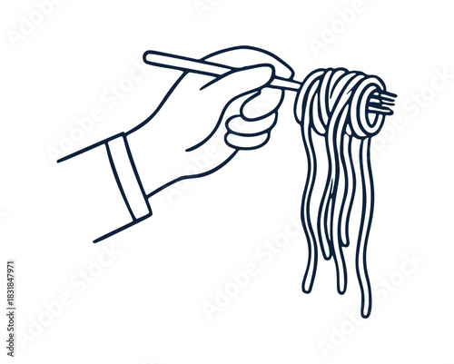 A hand is holding chopsticks which are twirling spaghetti. The pasta hangs down.