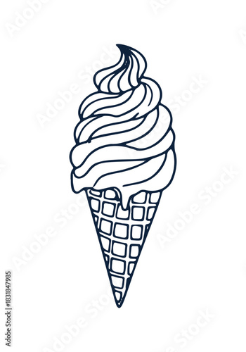 Hand drawn outline art shows melting ice cream in a cone. Line drawing vector graphic for Summer menu design and cool treats.