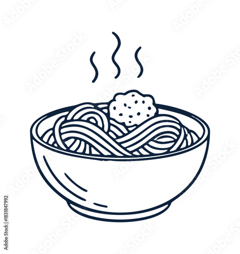 A hand drawn illustration shows a hot bowl of Spaghetti with a meatball on top. Steam rises from the tasty meal.