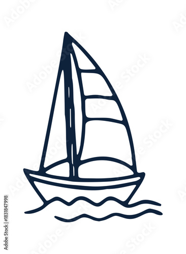 A basic vector doodle shows a sailboat on waves. It is hand drawn and suitable for a Mediterranean themed design.