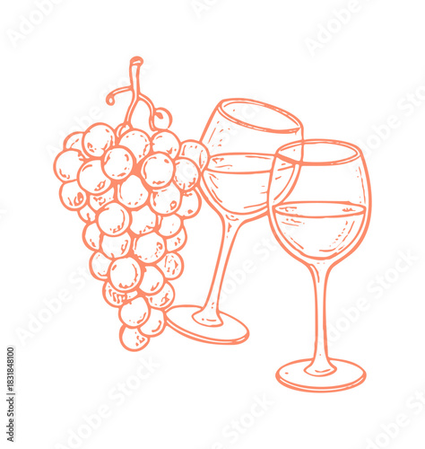 A simple hand drawn icon of grapes and two wine glasses.