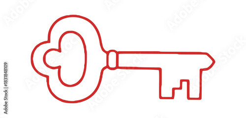 An antique-style key is sketched in red against a white background, created as a vector illustration with hand drawn lines.