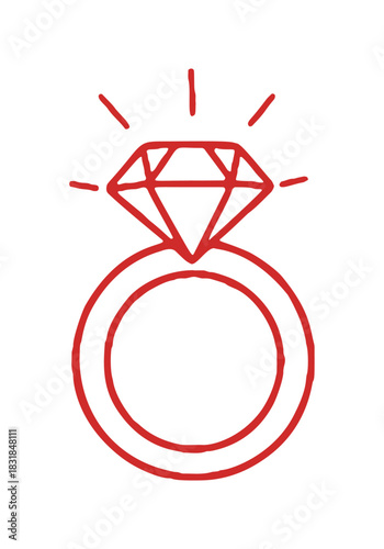 A simple red line drawing of a diamond ring sparkles as a doodle icon, created with vector graphics.