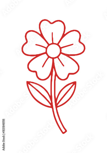 A simple, red, hand drawn flower with six petals and two leaves on a white background in a vector format.