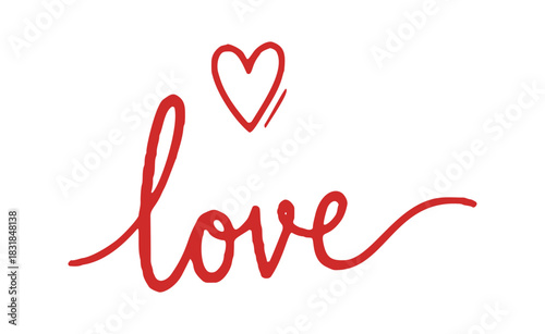 Red cursive script spells out the word 'love'. A simple heart icon floats above the word, drawn with a hand drawn style.