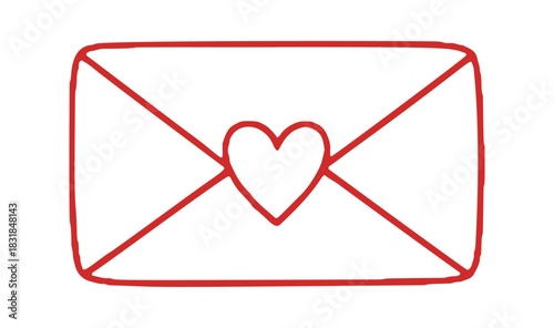 A simple red hand drawn line icon shows a sealed envelope adorned with a heart, suggesting affection or a loving message.