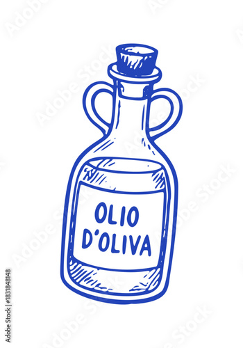 A hand drawn sketch features a bottle of Olio d'Oliva. The Mediterranean style artwork uses blue line art.