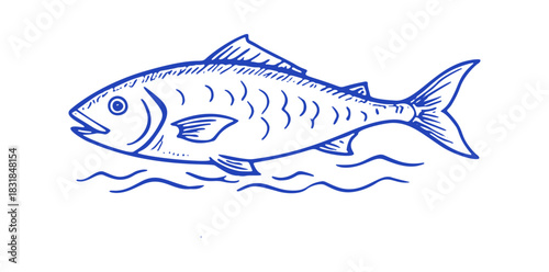 Blue line art depicts a fish swimming on water.