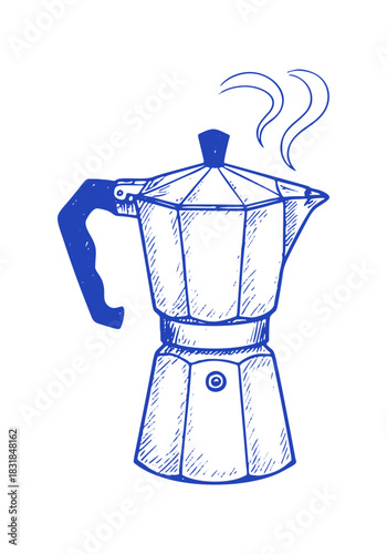 A blue hand drawn Moka pot is steaming. Simple lines form the classic shape of the Italian coffee maker.