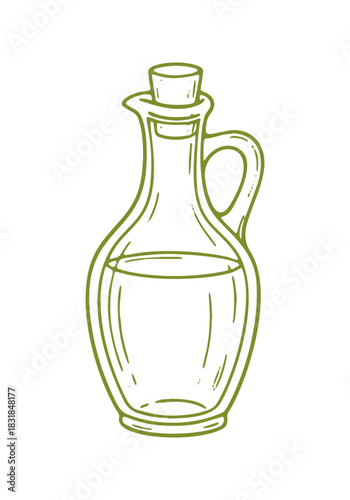 A minimalist line drawing depicts an olive oil bottle with handle and cork. It is a simple, hand drawn style icon.