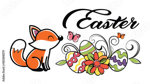 Cute cartoon fox with colorful easter eggs and butterflies celebrating springtime and the easter holiday with decorative elements and a festive feel