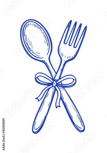 Fork spoon tied with ribbon. Hand-drawn vector, perfect for food service or Mediterranean themes.