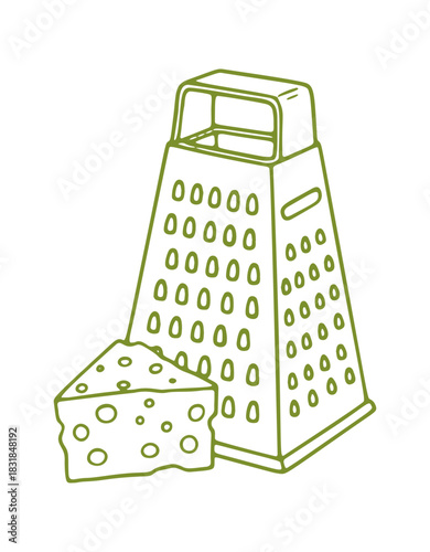 Simple line illustration showcases a cheese grater and a piece of Swiss cheese. Outlines are hand drawn in a doodle style.