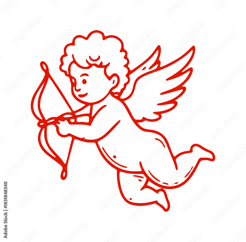 Obraz premium Hand drawn doodle illustration of cupid with wings flying and holding a bow and arrow. Red lines on a white background.