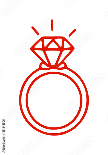 A simple hand drawn, red vector icon features a diamond engagement ring. It is perfect for mediterranean style events.