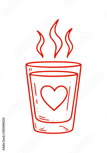 A red line doodle of a drink in a glass with a heart and steam, drawn by hand. Vector art ideal for Valentine's Day cards.