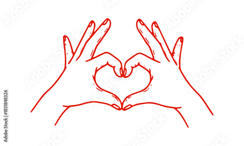 Two hands are held together to form a heart shape. A simple red outline represents this iconic hand gesture.