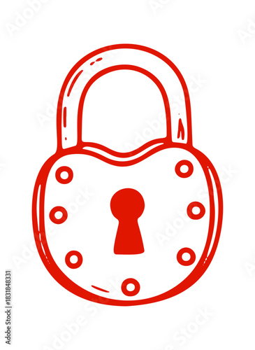 Red padlock icon is drawn in a doodle style with keyhole and decorative circles. It is a simple, hand drawn vector illustration.