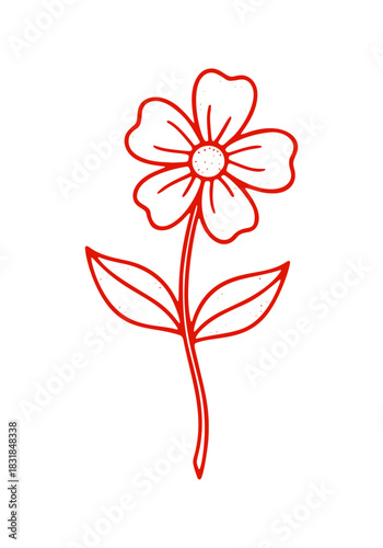 a single red flower with five petals and two leaves is displayed. It is in a hand drawn, simple, line art style.