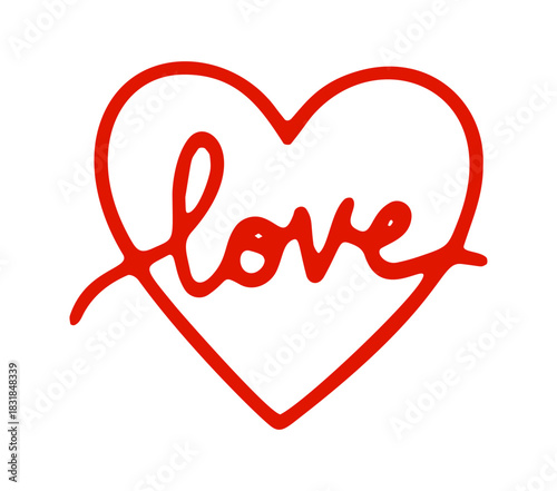 A red, hand drawn vector illustration forms a heart shape, with the word Love creatively integrated inside.